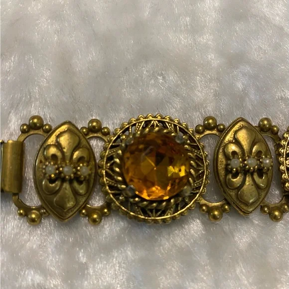 ☘️VTG SELRO Amber Rhinestone & Pearl Book Chain Necklace - Picture 6 of 7